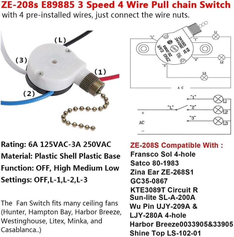 Bsentster 2PS Ceiling Fan Switch Zing Ear ZE-208s E89885 3 Speed 4 Wire Pull Chain Switch Fan Light Switches Replacement Part with 4 Pre-Installed Wires(Bronze Chain) - Image 2